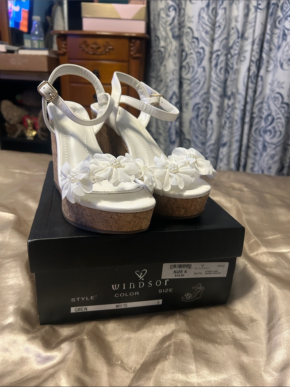 Windsor White Floral Cork Wedge Sandals